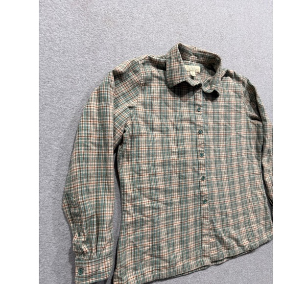 Cabelas Womens L Plaid Soft Flannel Shirt Teal Tan Brown Cotton Shirt (D34) - Picture 10 of 14